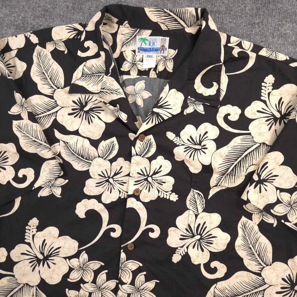 Vintage RJC Hawaiian Camp Shirt Mens 3XL Black Hibiscus Floral Aloha Made in USA
